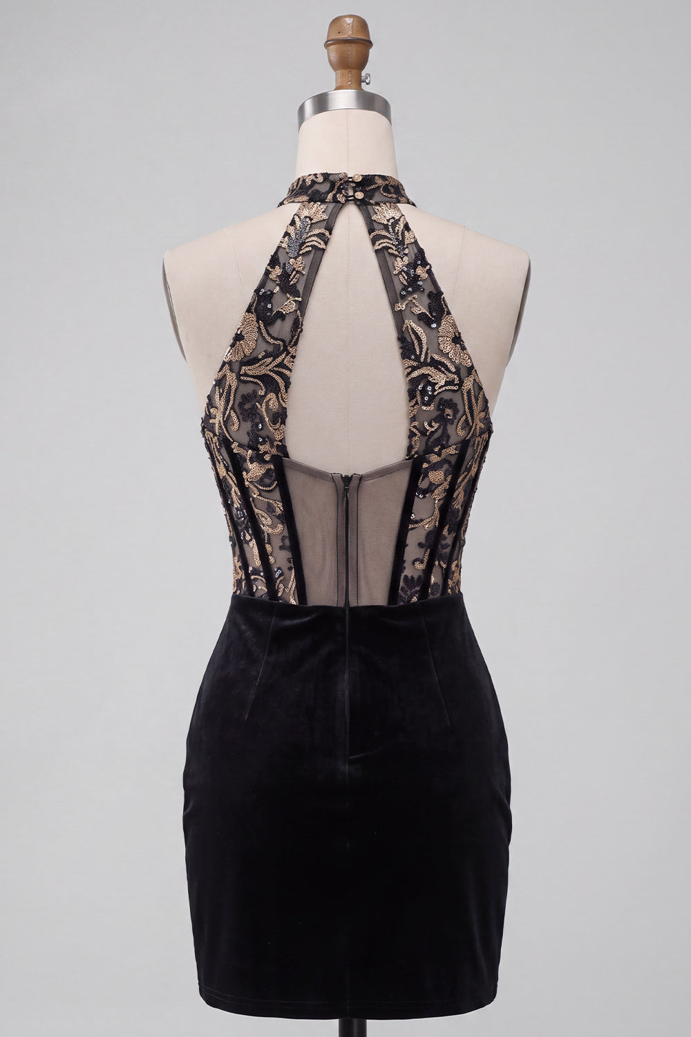 Black Floral Corset Halter Velvet Tight Short Homecoming Dress