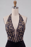 Black Floral Corset Halter Velvet Tight Short Homecoming Dress