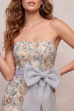 Sparkly Light Grey Floral Beaded Tight Short Homecoming Dress with Bow