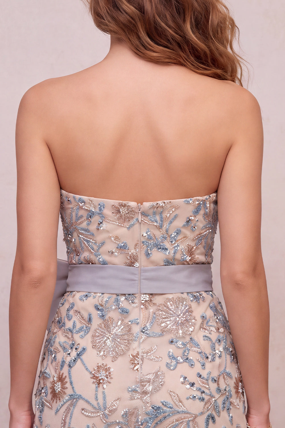 Sparkly Light Grey Floral Beaded Tight Short Homecoming Dress with Bow