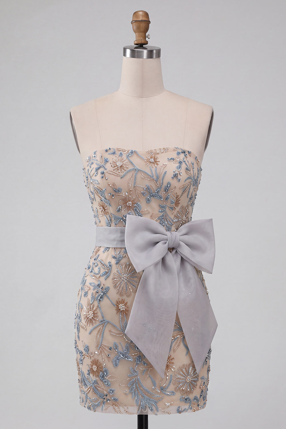 Sparkly Light Grey Floral Beaded Tight Short Homecoming Dress with Bow