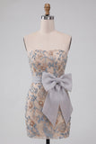 Sparkly Light Grey Floral Beaded Tight Short Homecoming Dress with Bow