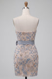 Sparkly Light Grey Floral Beaded Tight Short Homecoming Dress with Bow