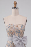 Sparkly Light Grey Floral Beaded Tight Short Homecoming Dress with Bow