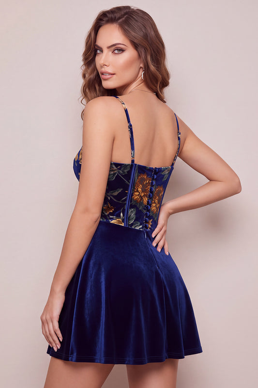 Navy Floral Corset A Line Short Velvet Homecoming Dress