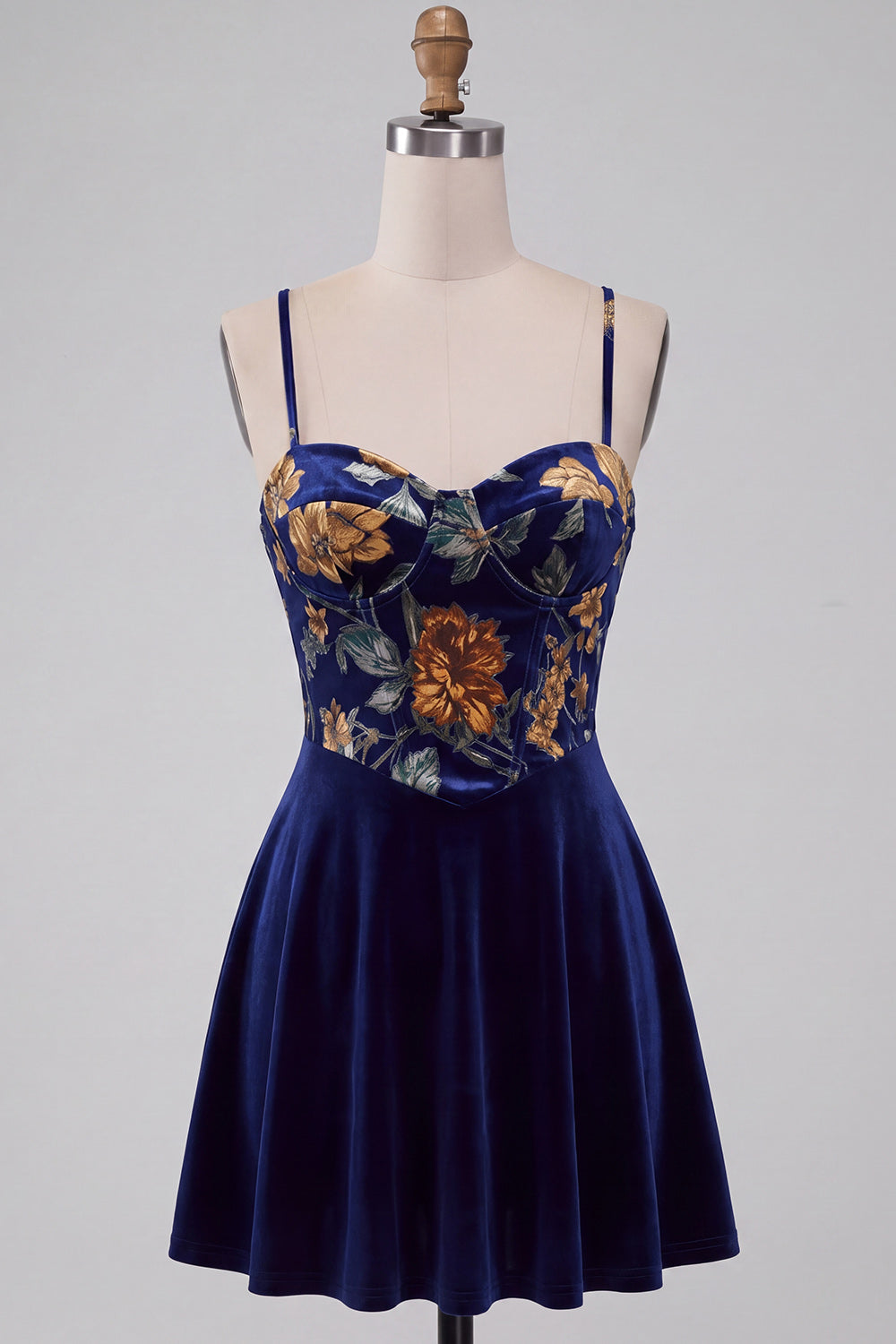 Navy Floral Corset A Line Short Velvet Homecoming Dress