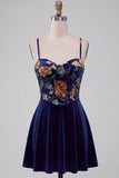 Navy Floral Corset A Line Short Velvet Homecoming Dress