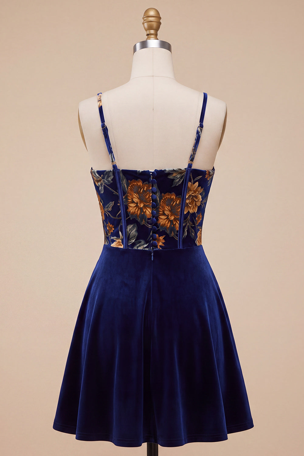 Navy Floral Corset A Line Short Velvet Homecoming Dress