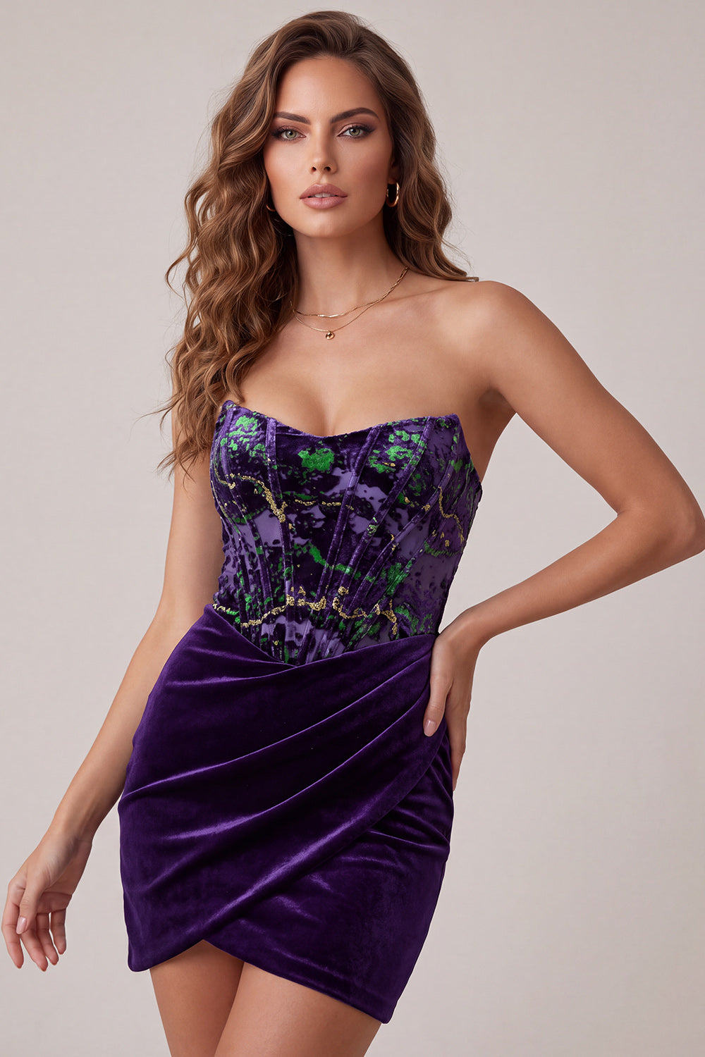 Plum Floral Corset Tight Strapless Velvet Short Homecoming Dress