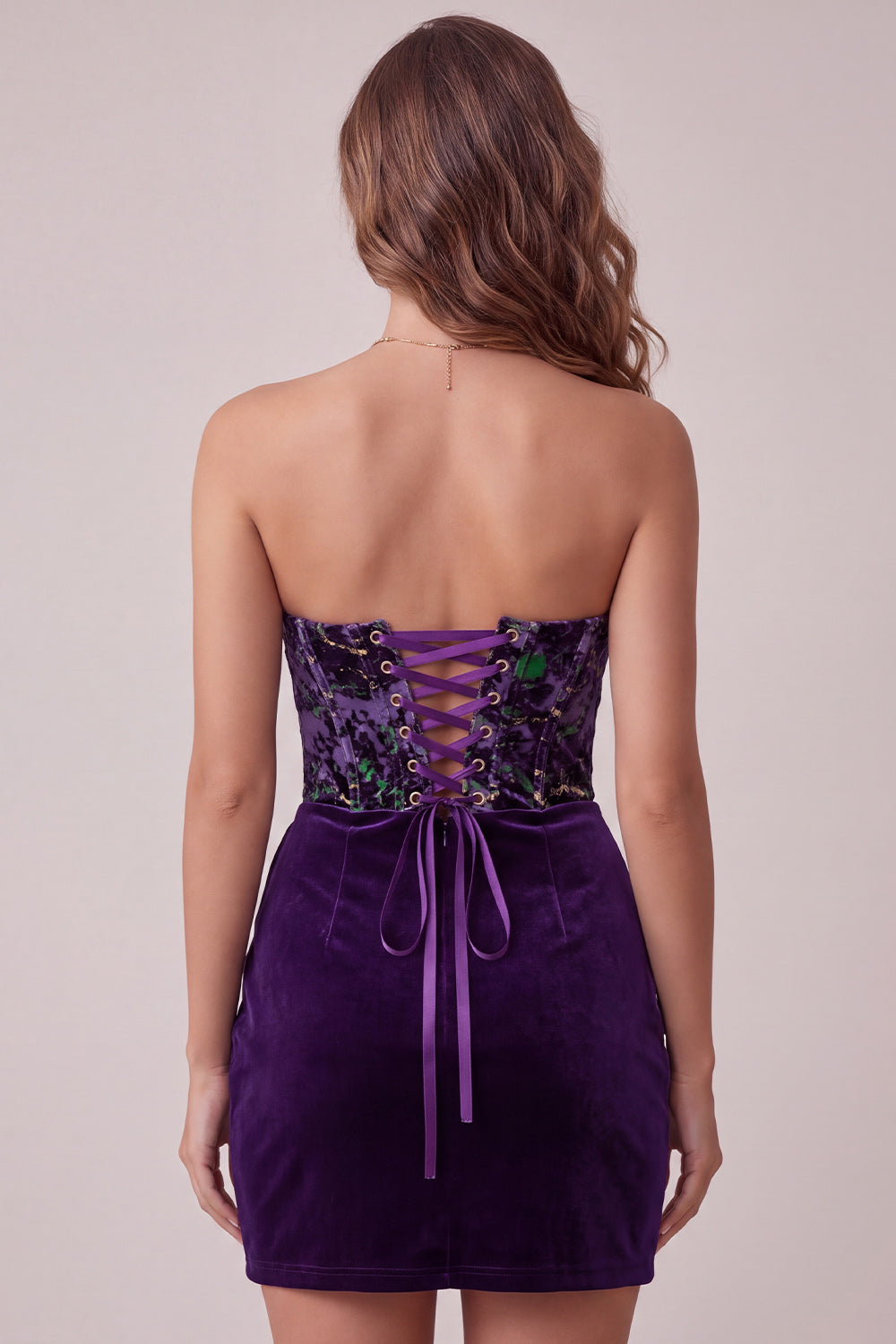 Plum Floral Corset Tight Strapless Velvet Short Homecoming Dress