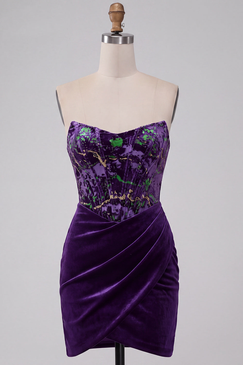 Plum Floral Corset Tight Strapless Velvet Short Homecoming Dress
