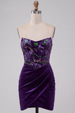 Plum Floral Corset Tight Strapless Velvet Short Homecoming Dress