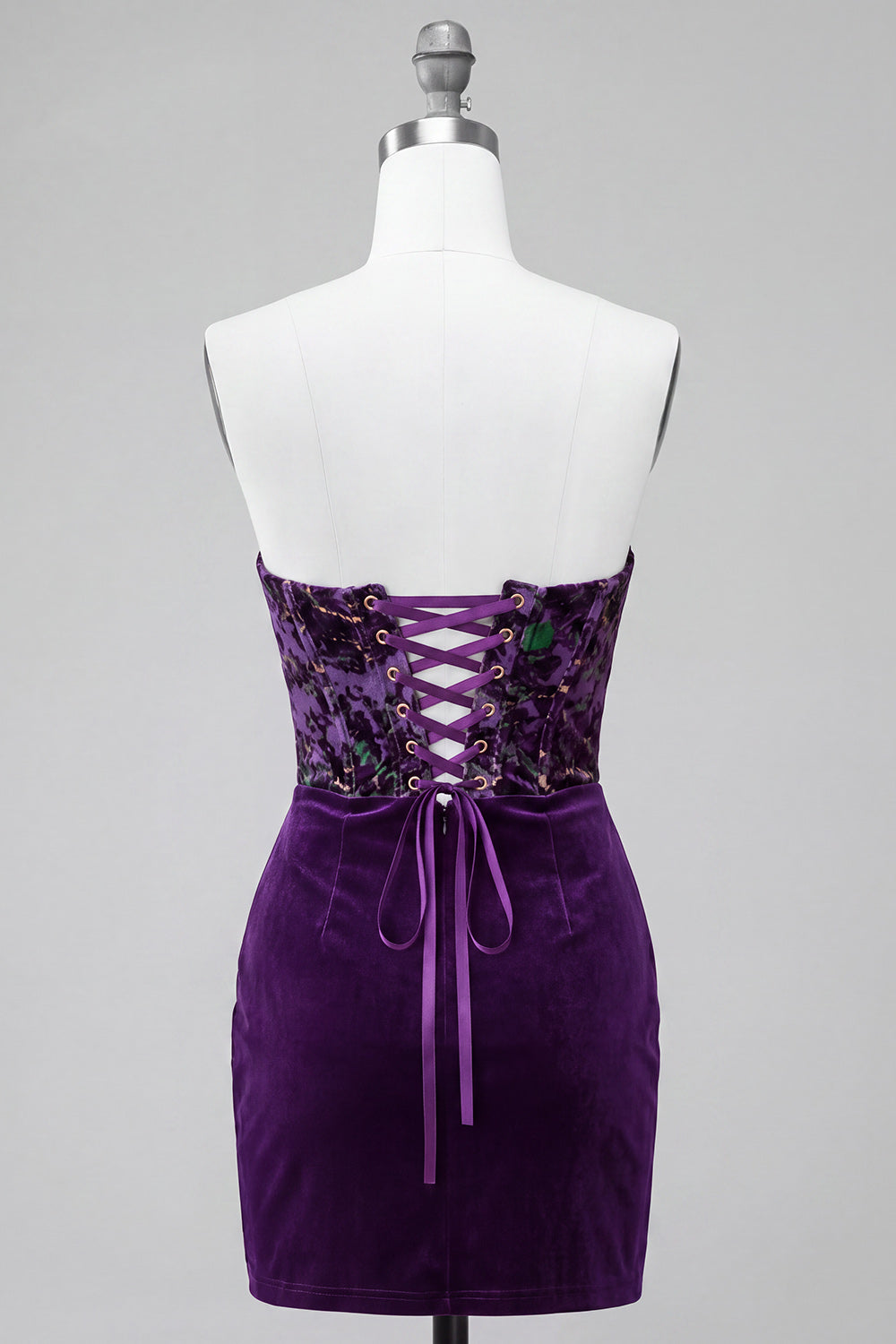 Plum Floral Corset Tight Strapless Velvet Short Homecoming Dress