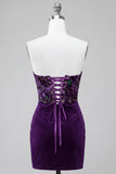 Plum Floral Corset Tight Strapless Velvet Short Homecoming Dress