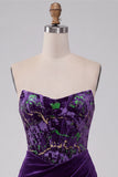 Plum Floral Corset Tight Strapless Velvet Short Homecoming Dress