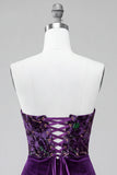 Plum Floral Corset Tight Strapless Velvet Short Homecoming Dress