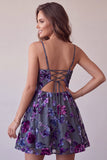 Plum Floral A Line Keyhole Spaghetti Straps Short Homecoming Dress