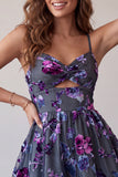 Plum Floral A Line Keyhole Spaghetti Straps Short Homecoming Dress