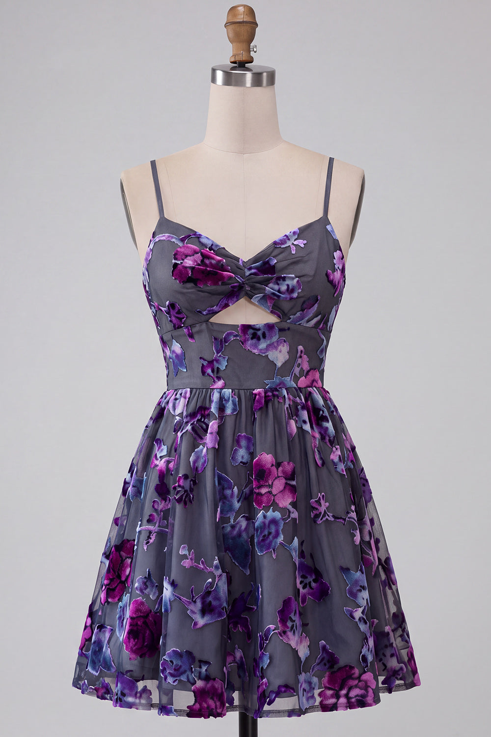 Plum Floral A Line Keyhole Spaghetti Straps Short Homecoming Dress