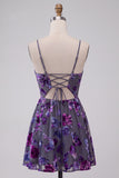 Plum Floral A Line Keyhole Spaghetti Straps Short Homecoming Dress