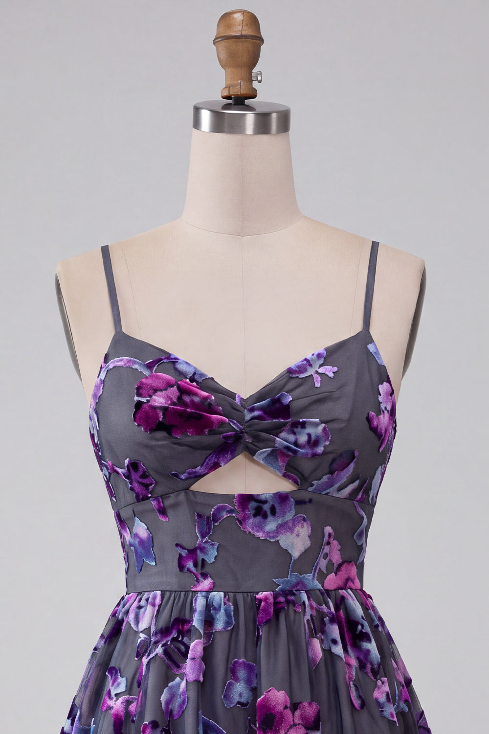 Plum Floral A Line Keyhole Spaghetti Straps Short Homecoming Dress