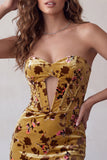 Ginger Yellow Floral Velvet Sweetheart Corset Tight Short Homecoming Dress