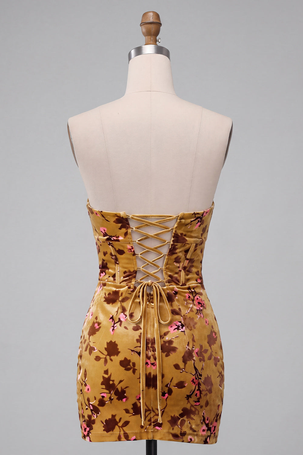 Ginger Yellow Floral Velvet Sweetheart Corset Tight Short Homecoming Dress