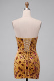 Ginger Yellow Floral Velvet Sweetheart Corset Tight Short Homecoming Dress