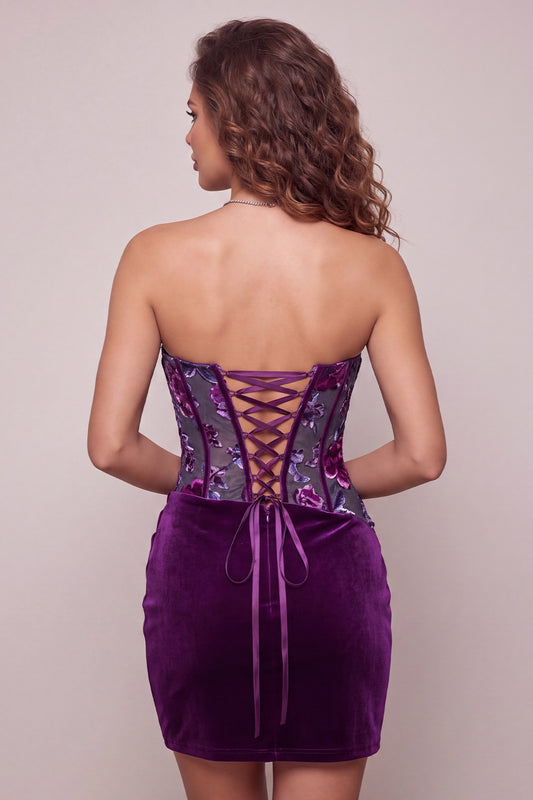 Plum Floral Corset Strapless Tight Short Homecoming Dress