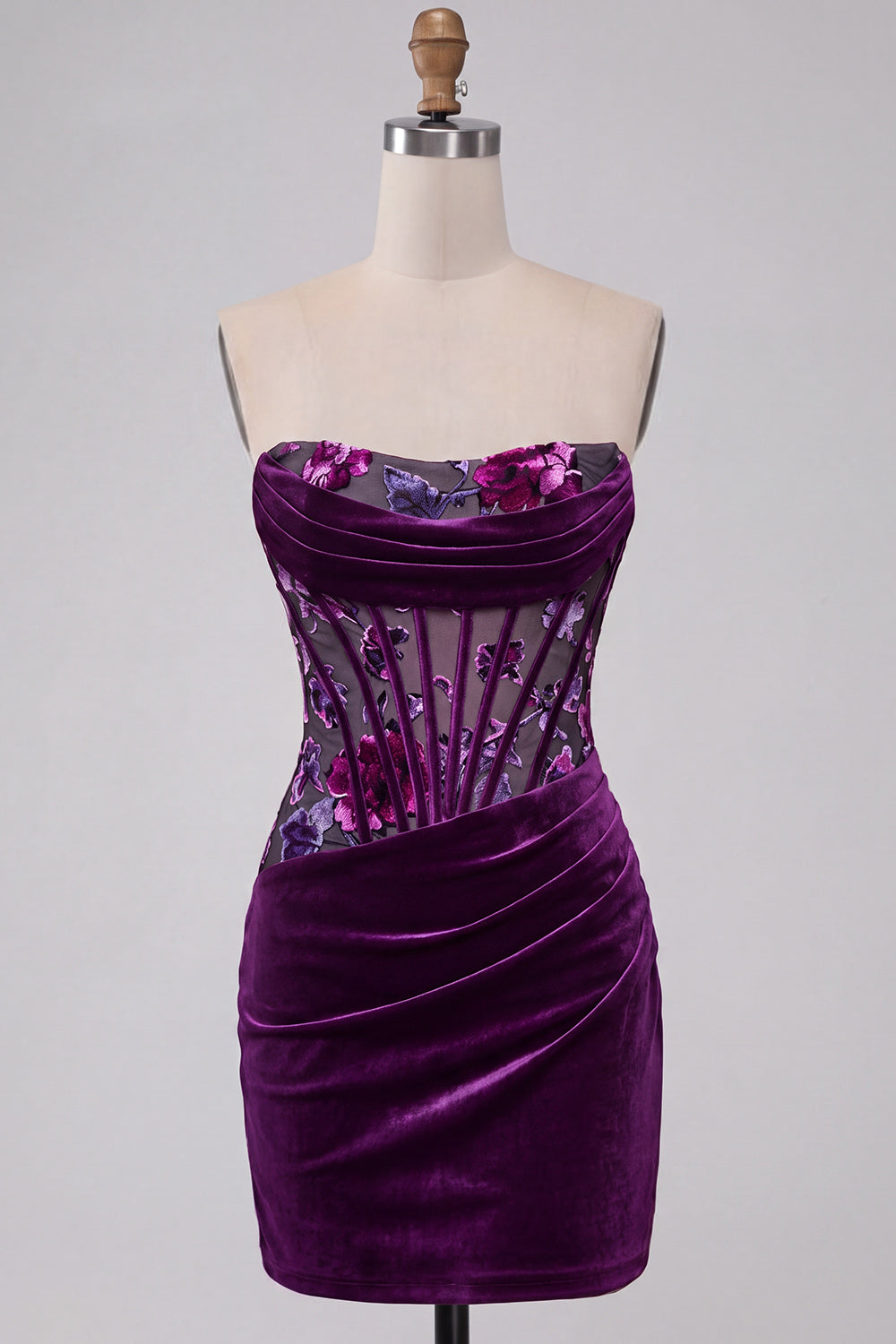 Plum Floral Corset Strapless Tight Short Homecoming Dress