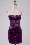 Plum Floral Corset Strapless Tight Short Homecoming Dress