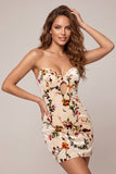Floral Champagne Velvet Tight Keyhole Short Homecoming Dress