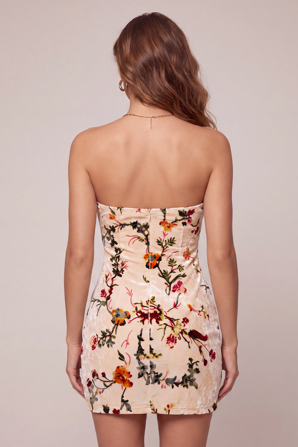 Floral Champagne Velvet Tight Keyhole Short Homecoming Dress
