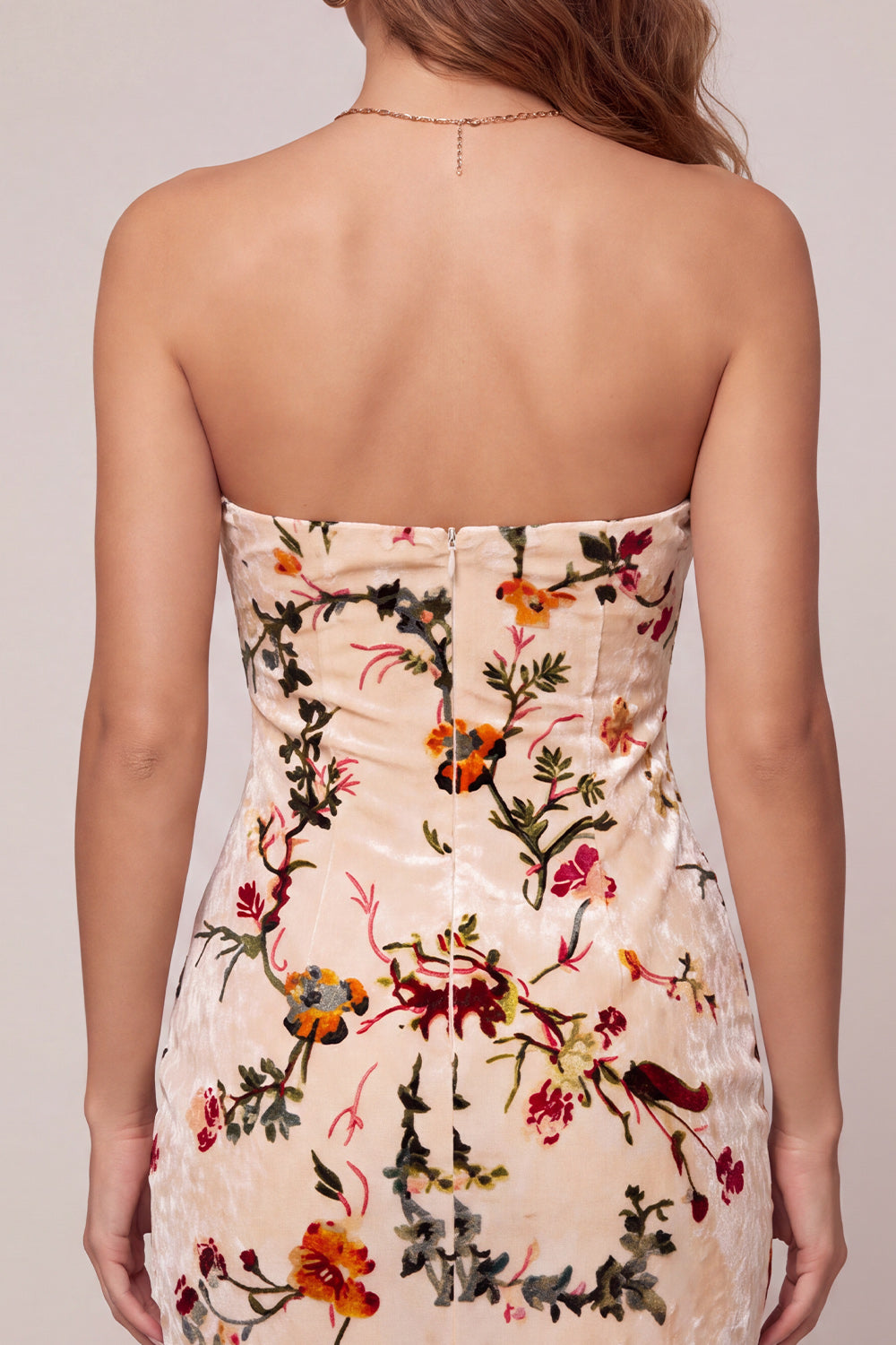 Floral Champagne Velvet Tight Keyhole Short Homecoming Dress