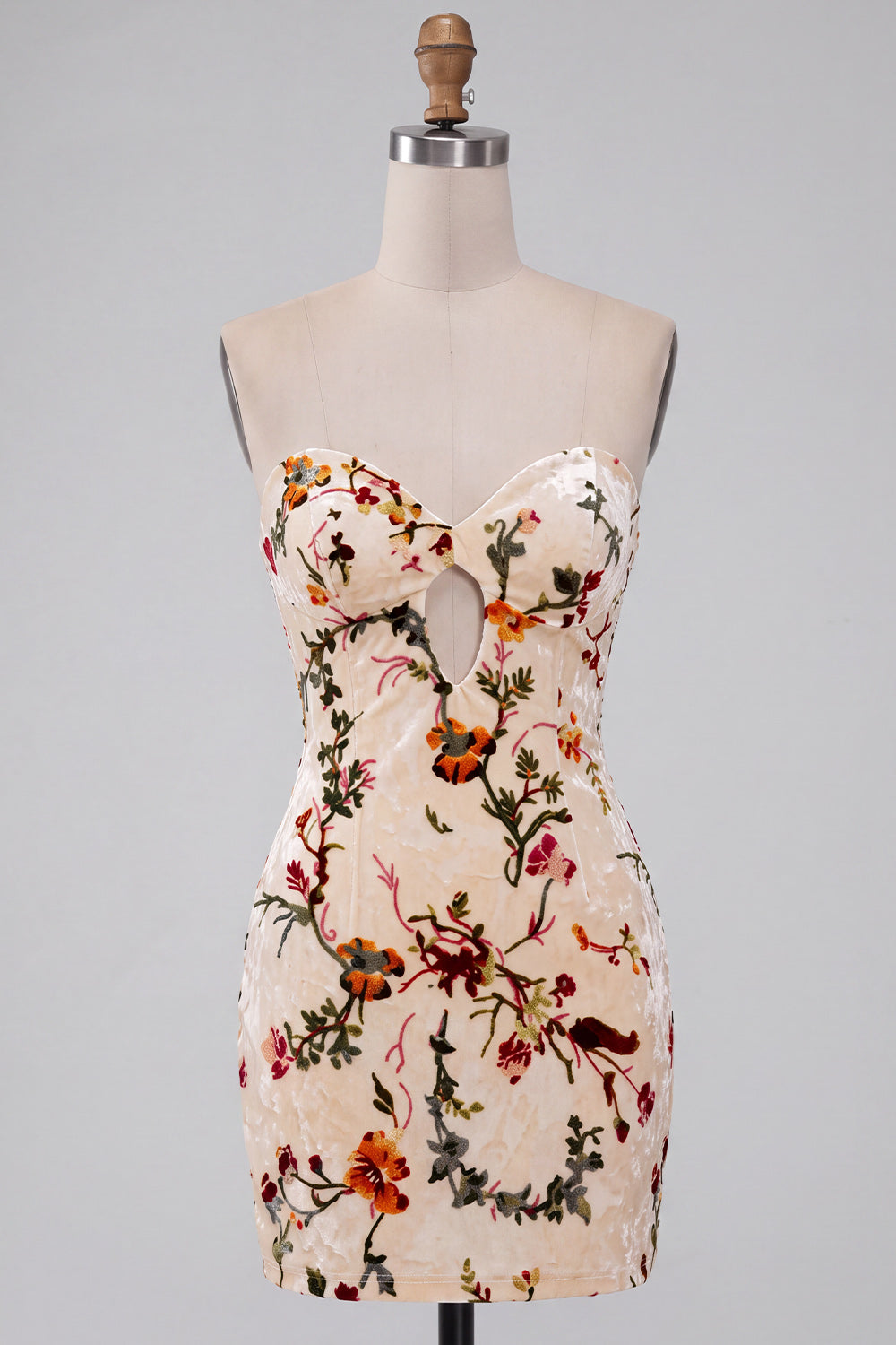 Floral Champagne Velvet Tight Keyhole Short Homecoming Dress