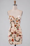 Floral Champagne Velvet Tight Keyhole Short Homecoming Dress