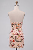Floral Champagne Velvet Tight Keyhole Short Homecoming Dress