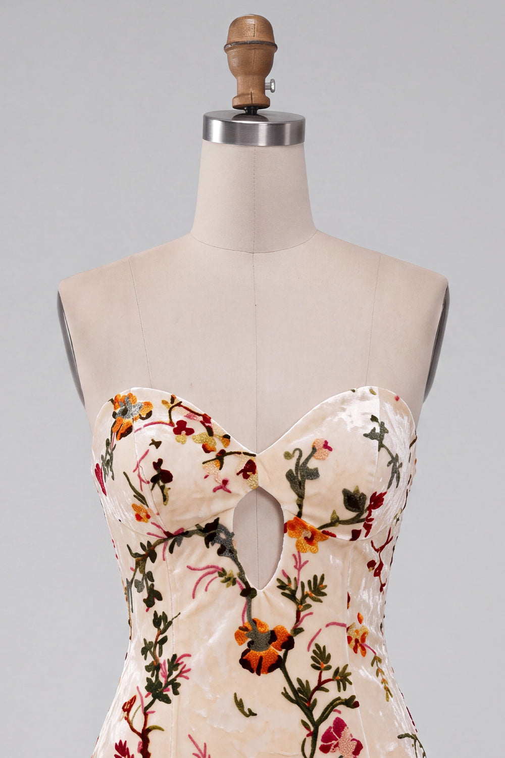 Floral Champagne Velvet Tight Keyhole Short Homecoming Dress