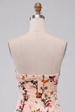 Floral Champagne Velvet Tight Keyhole Short Homecoming Dress