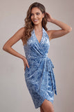 Slate Blue Velvet Halter Tight Short Floral Homecoming Dress with Bow