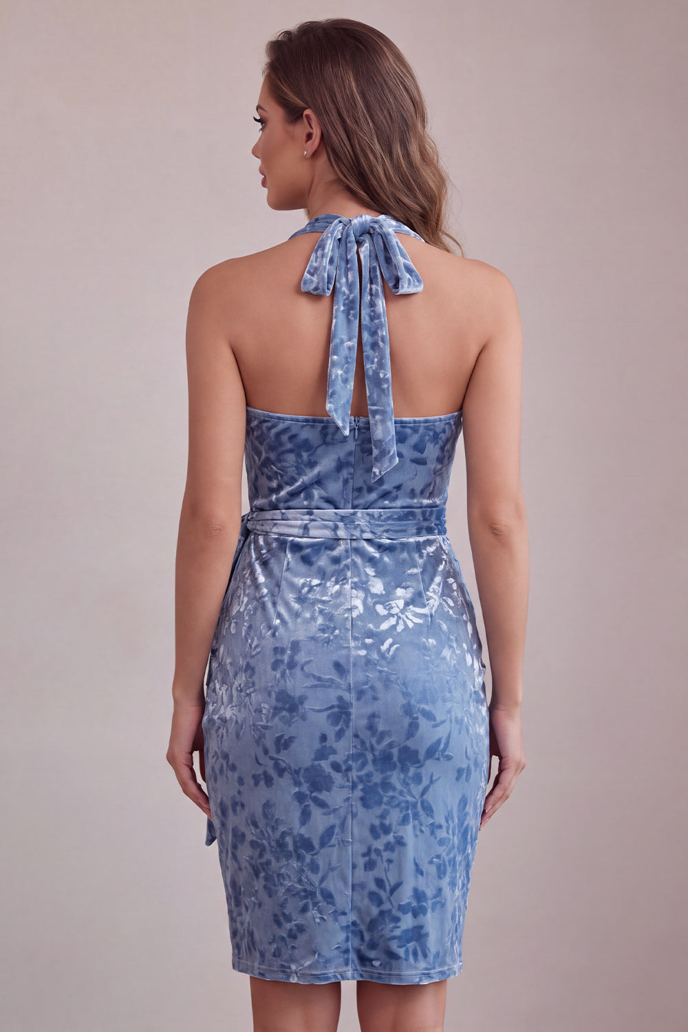Slate Blue Velvet Halter Tight Short Floral Homecoming Dress with Bow