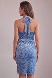 Slate Blue Velvet Halter Tight Short Floral Homecoming Dress with Bow