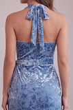 Slate Blue Velvet Halter Tight Short Floral Homecoming Dress with Bow