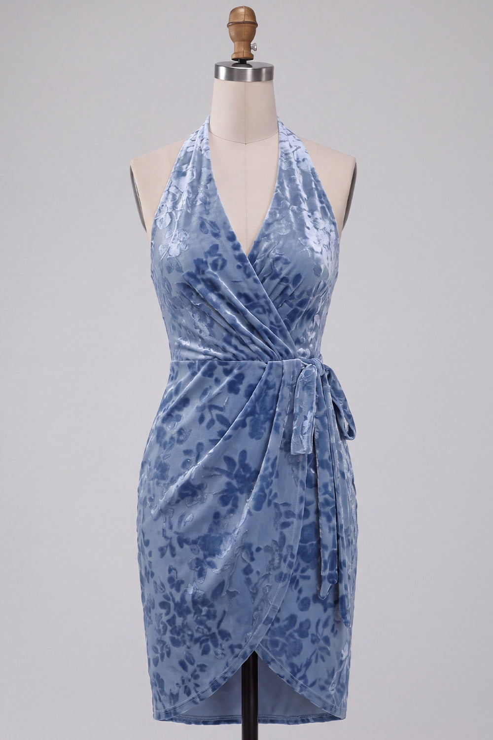 Slate Blue Velvet Halter Tight Short Floral Homecoming Dress with Bow