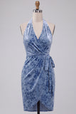 Slate Blue Velvet Halter Tight Short Floral Homecoming Dress with Bow