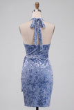 Slate Blue Velvet Halter Tight Short Floral Homecoming Dress with Bow