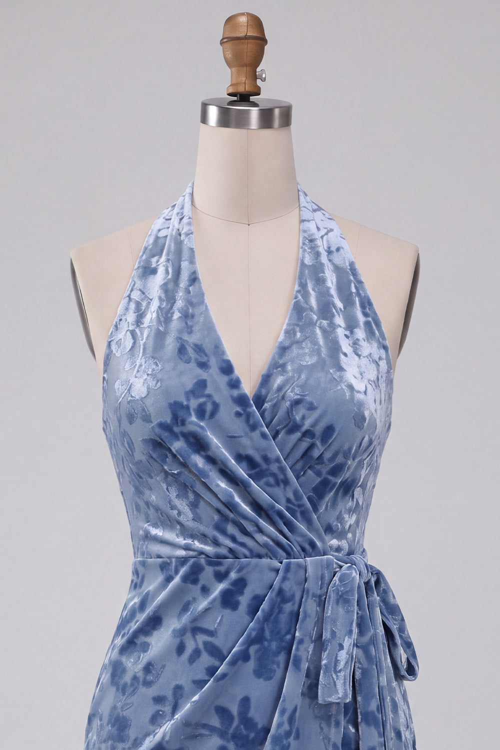Slate Blue Velvet Halter Tight Short Floral Homecoming Dress with Bow