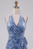 Slate Blue Velvet Halter Tight Short Floral Homecoming Dress with Bow