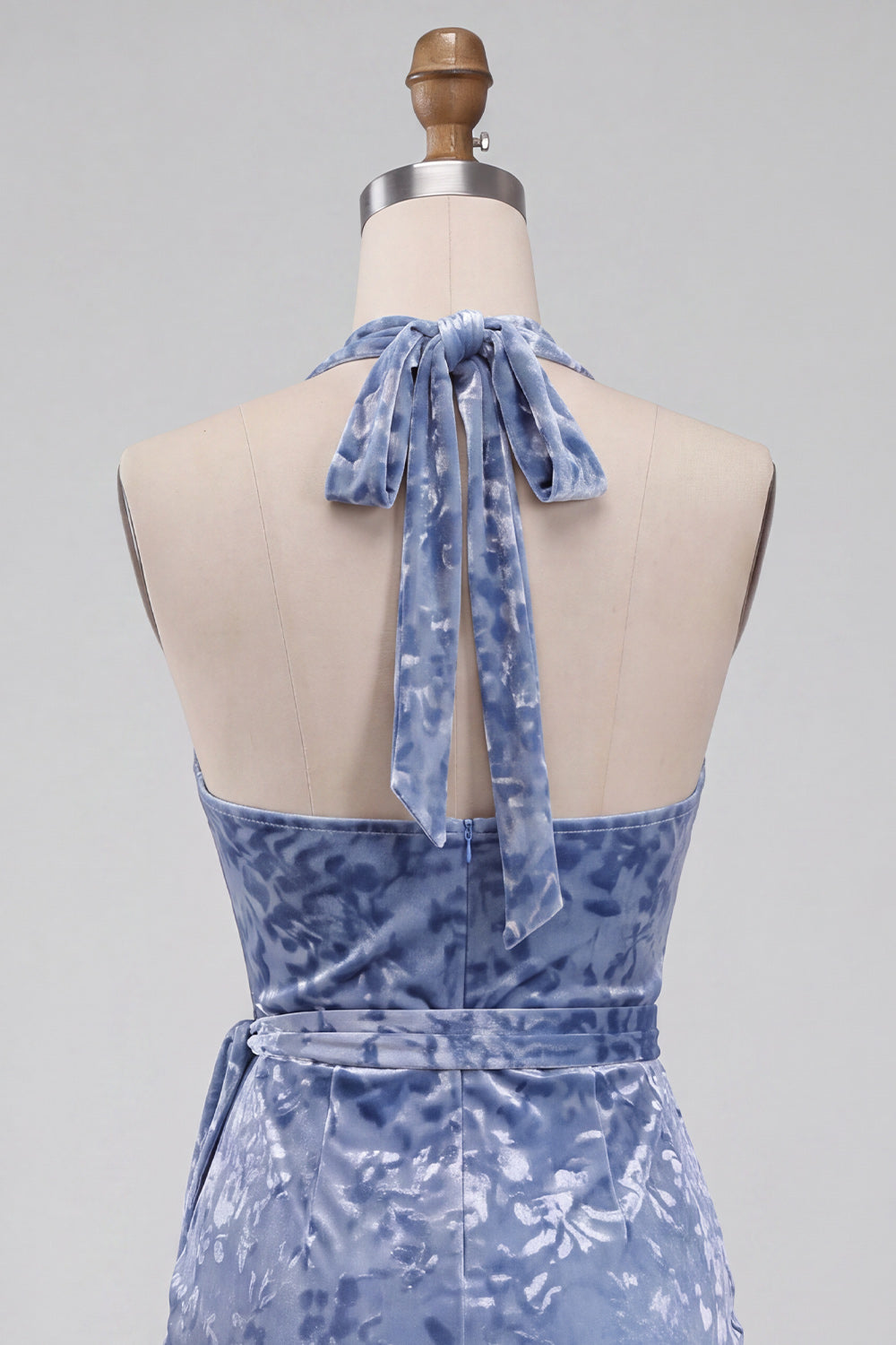 Slate Blue Velvet Halter Tight Short Floral Homecoming Dress with Bow
