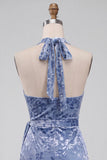 Slate Blue Velvet Halter Tight Short Floral Homecoming Dress with Bow